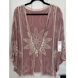 Ana & Rose Blush Pink Embroidered Kimono Cardigan Boho Tie Front Medium